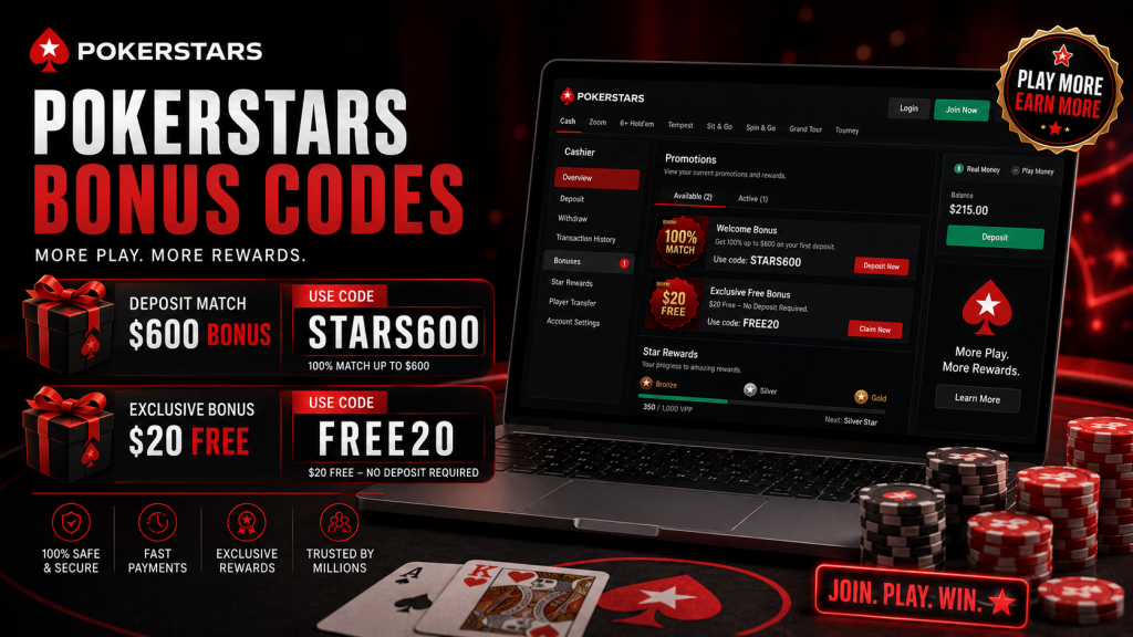 PokerStars 紅利代碼 STARS600 與 FREE20 首存紅利示意圖