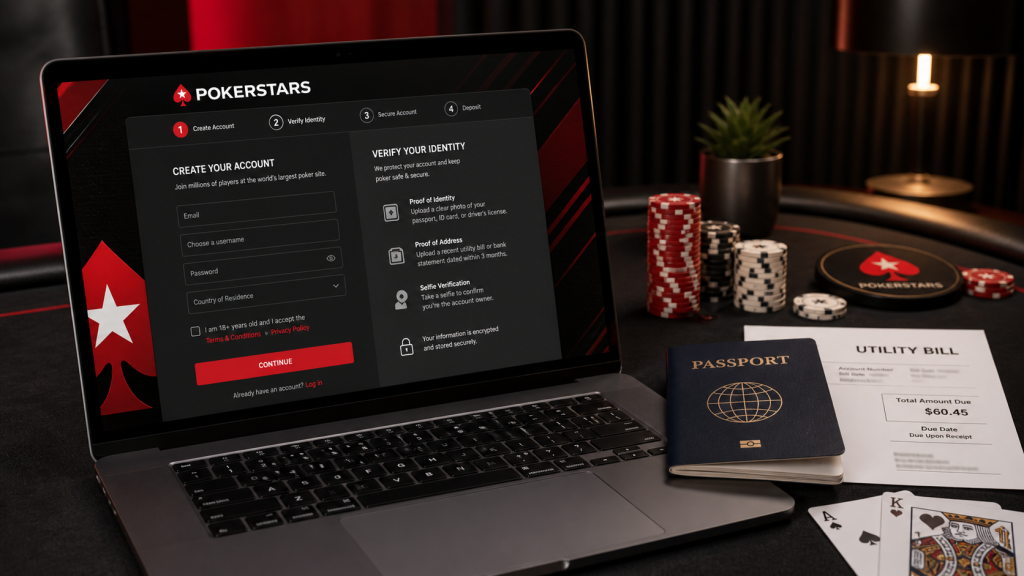 PokerStars 註冊與 KYC 身份驗證示意圖